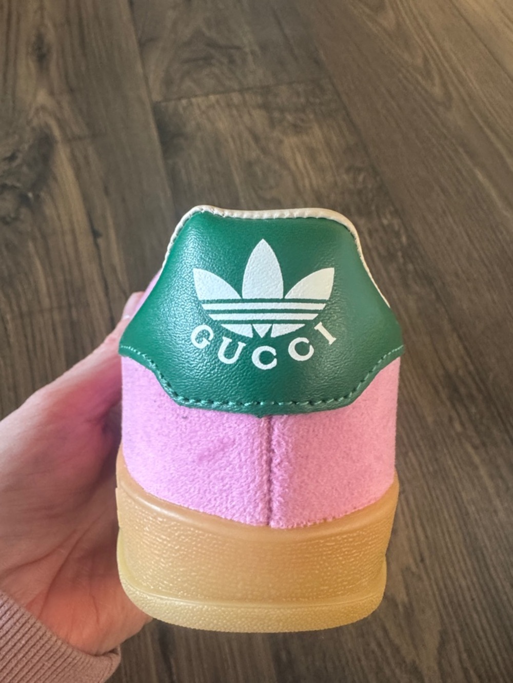 Gucci Pink Suede Sneakers with Black Stripes and Green Heel Tab - Picture 4 of 9